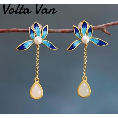 Volta Van 925 Sterling Silver Jade Drop Earrings 2021 New Pendientes Plata Elegant Burning Blue Flower Jewelry Trendy Earrings