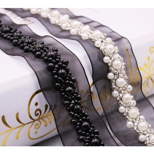 Glass beads handmade stitch organza mesh lace 3cm clothes collar bridal party dress decoration trimming ribbon tape DIY zakka