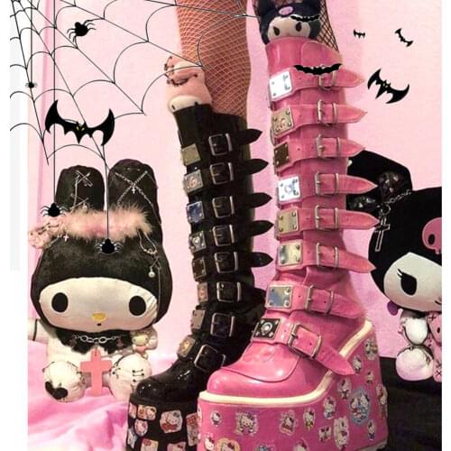 Brand Dropship Plus Size Black Gothic Vampire Halloween Cosplay Punk Buckle Street Platform Wedge High Heel Boots Women Shoes