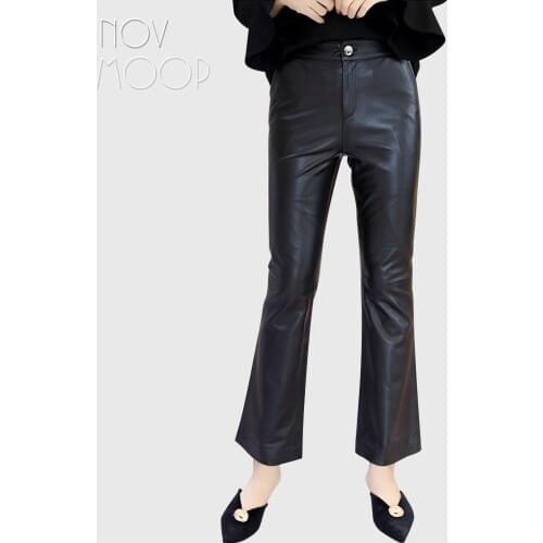 Novmoop high street casual style women summer black elastic waist lambskin genuine leather flare pants spodnie pantalones LT3093
