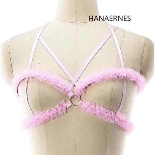 Women Sexy Pink Bandage Elastic Cage Bra Lingerie Punk Bondage Straps Sexy Harness Underwear Festival Clothing Goth Underwear