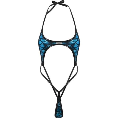 Women Sexy Bodysuit Shiny Metallic Mermaid Fish Scale Printed Lingerie Backless Exotic Mini Teddy Thong Bikini Monokini Swimsuit
