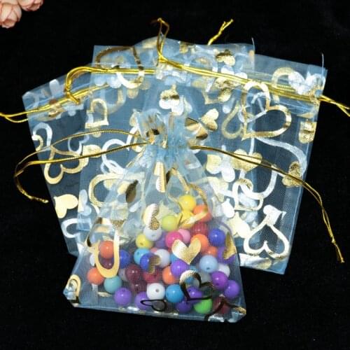 100pcs 7x9cm Drawable Organza Bags Heart sky blue color Wedding Christmas Gift Bag Jewelry Packaging Bags Pouches