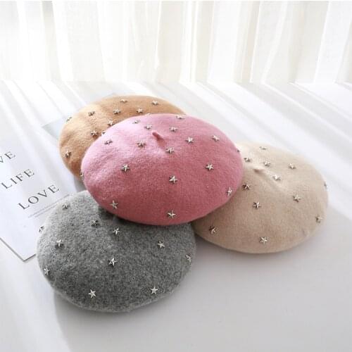 2020 Fashion New Women Angora Rabbit Solid Color Beret Female Bonnet Caps Winter All Matched Warm Walking Hat with Stars