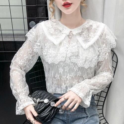 2020 Spring Autumn Women Lace Shirt Girl Big Double-layer Lace Hollow Out Tops Sexy See-through Bottom Blouse