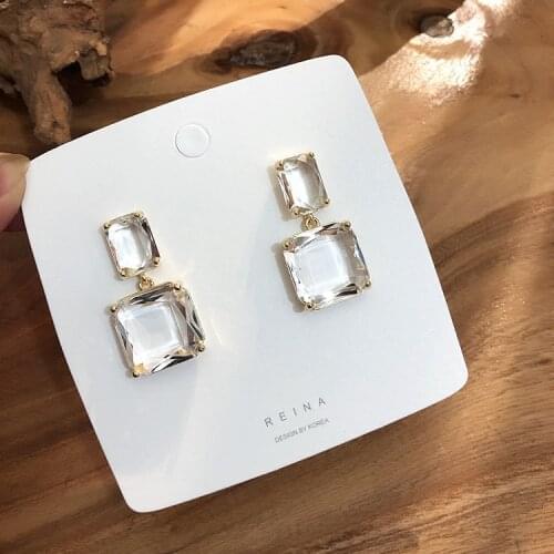 2021 Korean New Design Fashion Jewelry Double Square Earrings Luxury Transparent Glass Crystal Party Earrings for Women Gift