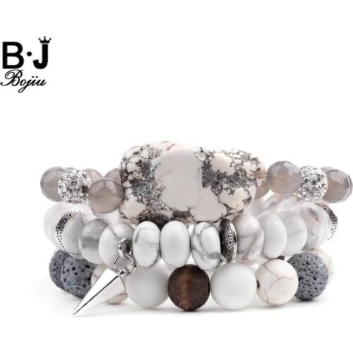 BOJIU 3 Pcs/Set Natural Stone Bracelets For Women Boho Howlite Lava Rock Plastic Wood Beads Cut Crystal Bracelets 2019 BCSET281