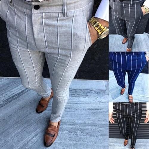Formal Mens Striped Pants Slim Fit Business Casual Pencil Pants Fashion Office Work Mens Skinny Button Long Trousers New