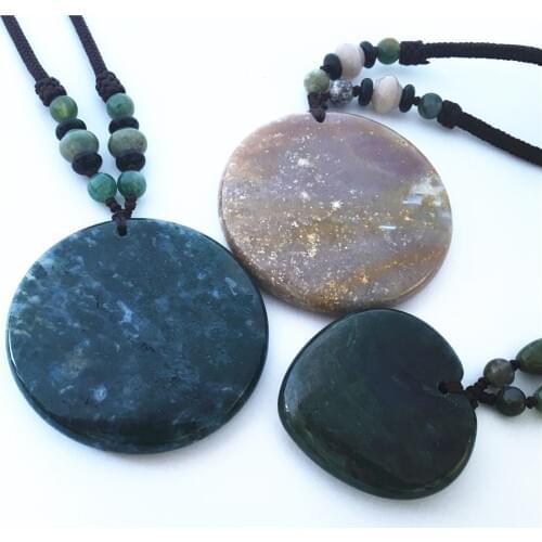 Gazelle New! Aquatic Agates Natural Stone Pendant Necklaces For Women Men Heart Round Sweater Necklace Amulets Talismans Jewelry