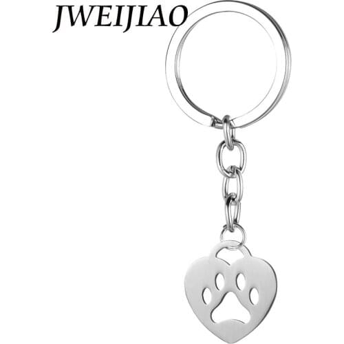 JWEIJIAO Cute Heart Shape Pendant little Dog Paw Prints Keychains 30mm Lenght Link Chain Keyrings Buckle Holder Jewelry SKU24