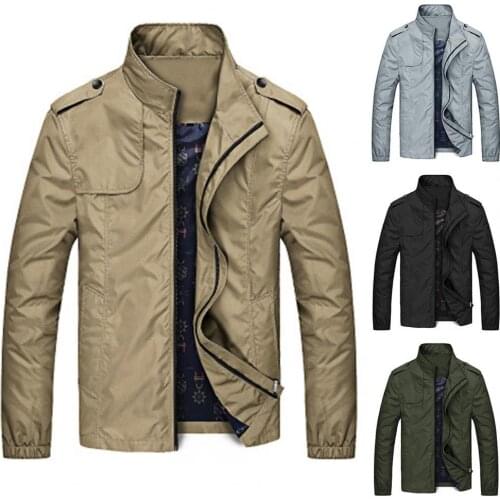 2021 Spring Autumn Casual Solid Fashion Slim Bomber Jacket Men Coat Stand Collar Top Two Pockets Zipper Closure Casual Jacket