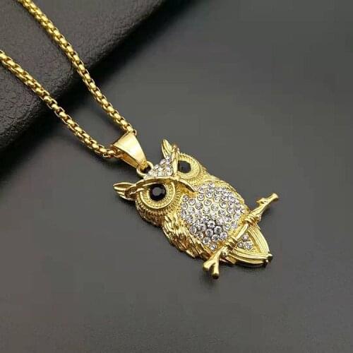 Iced Out Zircon Owl Pendant Animal Necklace Jewelry Gold 316L Stainless steel Bling AAA CZ Mens Hip hip Pendant For Women