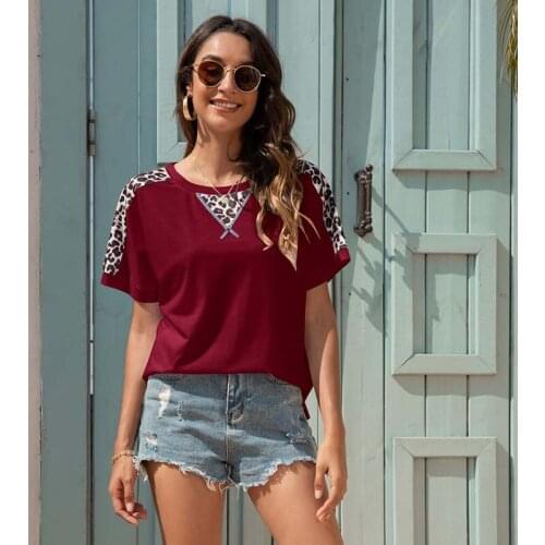 Casual Streetwear Leopard Print Patchwork T-shirt For Women O-neck Short Sleeve All-match Vintage Ladies Tee Shirt Summer 2021