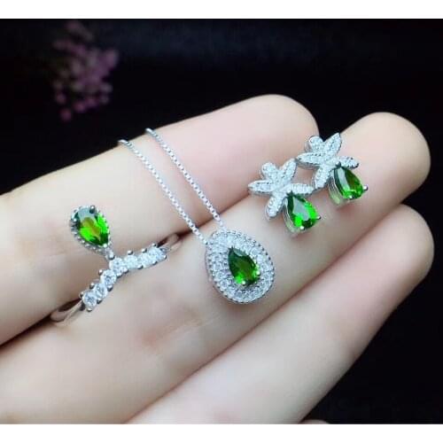 Natural green diopside Ring Pendant earrings Natural Gemstone Jewelry Set S925 Silver elegant water drop girl party gift jewelry