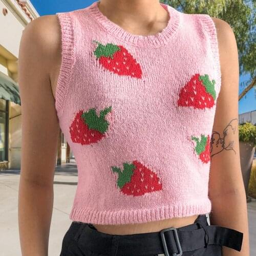 YK2 New Sexy Women Tank Top 2021 Summer Women Plus Size Women Sleeveless Vest Sexy Knitted Print Strawberry Ladies Clothing