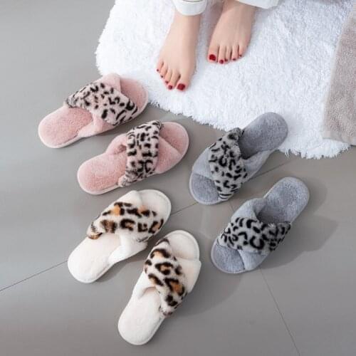 New home leopard cross plush slippers womens European and American breathable Plush floor womens cotton slippers