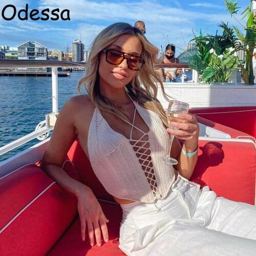 Odessa 2021 White Women Knitted Halter Neck Sexy Crop Top Sleeveless Hollow Out Backless Low Cut Party Summer Tank Tops Holiday