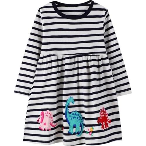 Autumn Winter Girls Long-sleeved Clothes European And American Striped Dinosaur Embroidery Party Princess Dresses