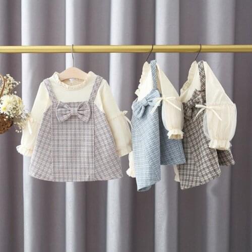 2021 Spring Infant Girls Latern Sleeve O Neck Patchwork Plaid Bow Princess Party Baby A Line Dress Kids Clothes Vestidos