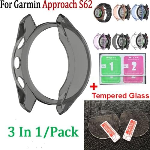 2pcs Full Cover Tempered Glass Screen Film For Garmin Approach S62 Watch TPU Shell Frame for Garmin Approach S62 Protector Case