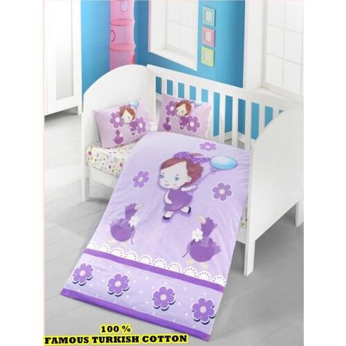 100% COTTON Lilac Purple Made in Turkey GIRL Baby Bedding Duvet Cover Set for Crib Cartoon Sweety Baby Soft Antiallergic