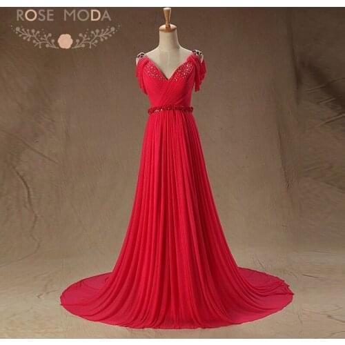 Rose Moda Sexy V Neck Hot Pink Evening Dresses with Train Off Shoulder V Back Formal Party Dress Red Carpet Dresses