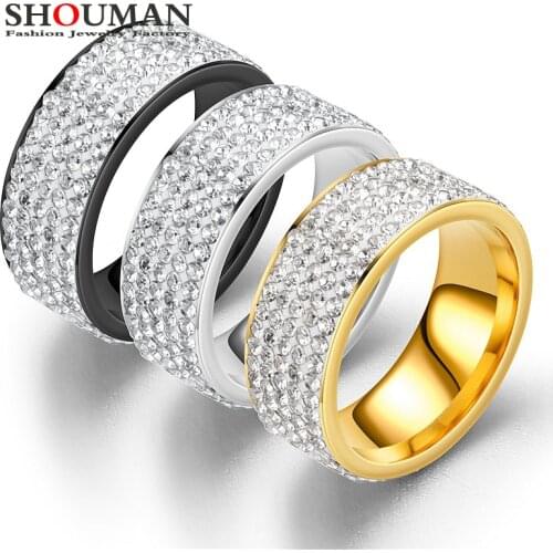 SHOUMAN Retro Style Gold Wedding Band Ring for Women 5 Row Clear Crystal Fashion Stainless Steel Engagement Jewelry