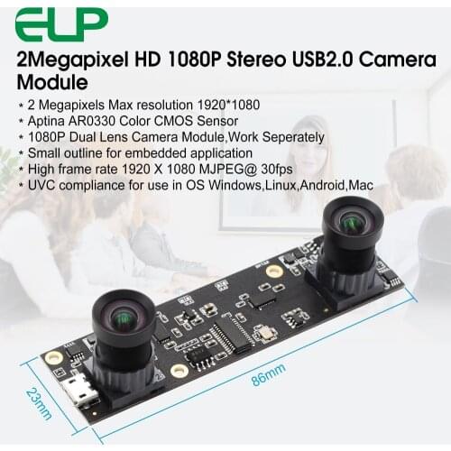 1920x1080 No distortion Dual Lens USB Webcam Module Aptina AR0330 86*23mm Stereo USB Camera for Windows Android Linux MAC