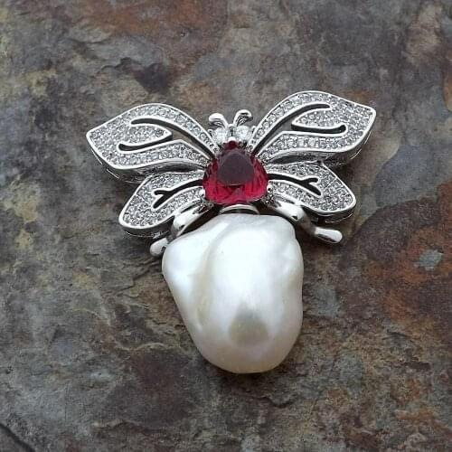 YYGEM animal Butterfly cubic zirconia micro pave color plated White Keshi Pearl Brooch cute for women