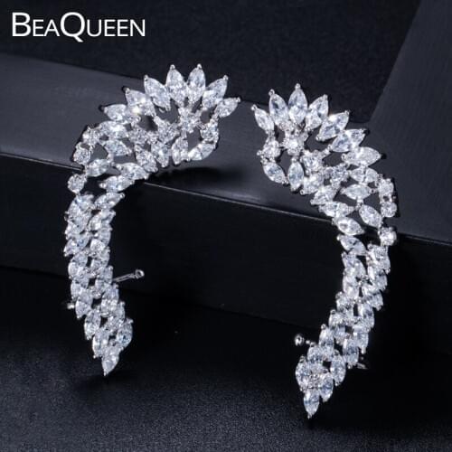 BeaQueen Fashion Mauquise Cubic Zirconia Full Paved Setting Big Ear Cuff Stud Earrings Wedding Party Jewelry for Women E238