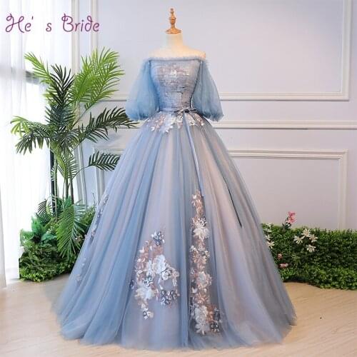 Hes Bride New Elegant Blue Boat Neck Puff Sleeves Lace Up Back Floor-Length Ball Gown Wedding Dress Custom Vestido De Casamento