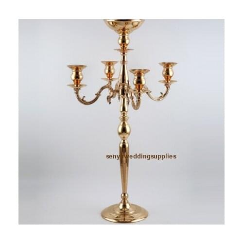 10pcs)New wholesale 90cm tall gold metal 5 heads floor standing wedding candelabra with hurricane for candle holder senyu01237