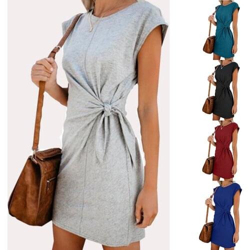 2021 womens dress round neck lace up loose Short Sleeve Dress