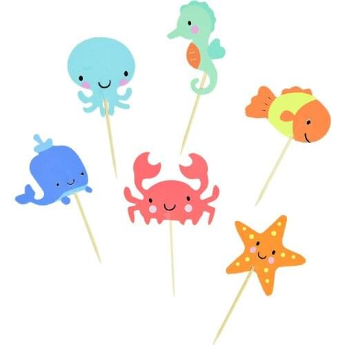 24pcs Creative Cake Flag Ocean Cartoon Animal Cake Decoration Card Happy Birthday Baby Shower Party Supplies Childrens Birthday