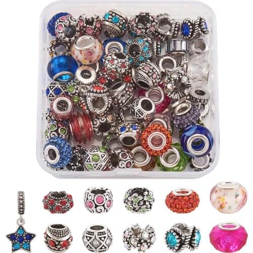 60pcs Alloy Rhinestone European Beads Mixed Shapes Large Hole Beads For DIY Handmade Bracelet Bangles Jewelry Making Findings