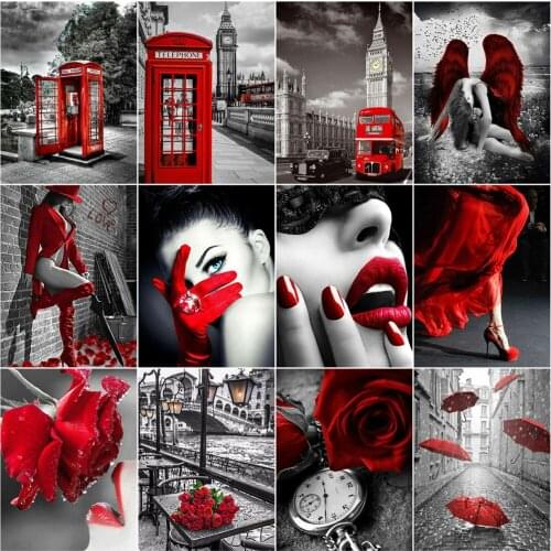 AZQSD Diamond Painting Red And Black Series Mosaic Picture Of Rhinestones Diamond Art Landscape Full Square Drill Decor For Home