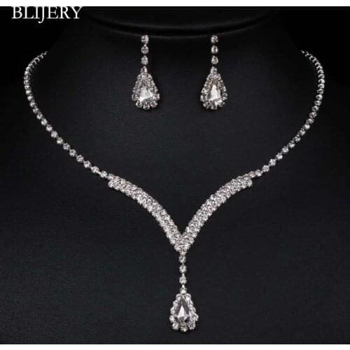 BLIJERY Teardrop Crystal Bridal Jewelry Sets Silver Color Rhinestone V Shaped Necklace Earrings Wedding Jewelry Set for Women