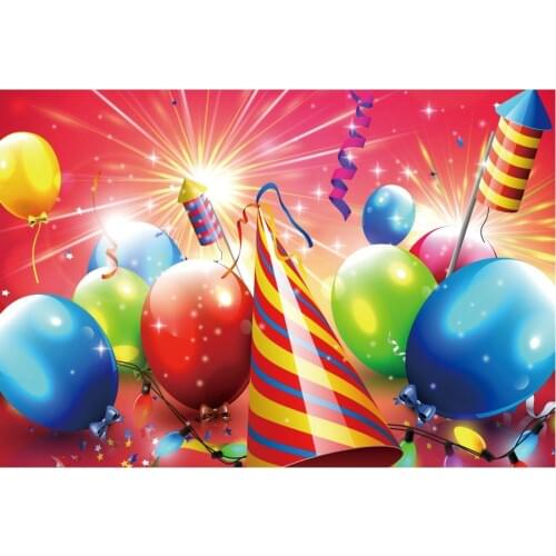 Birthday Backdrop Colorful Balloon with Fireworks Photography Background Celebration Photo Booth Studio Decor