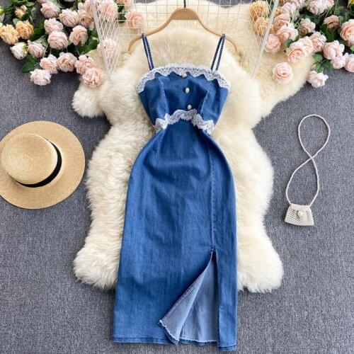 Retro denim dress 2021 new summer womens sweet lace stitching suspender skirt women