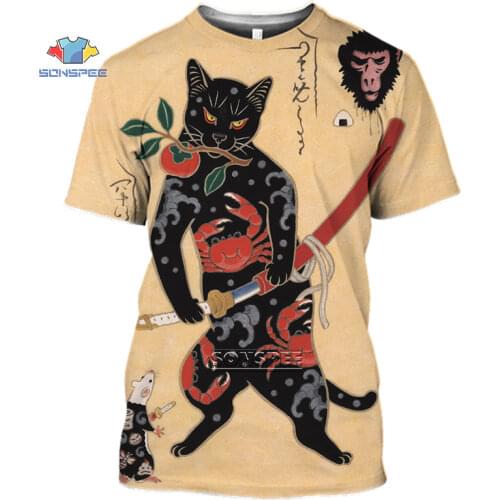 SONSPEE 3D Print Japanese Samurai Cat Tattoo Mens T-shirt Cool Classic Art Tshirt Women Summer Casual O-neck Shirt Fitness Tops