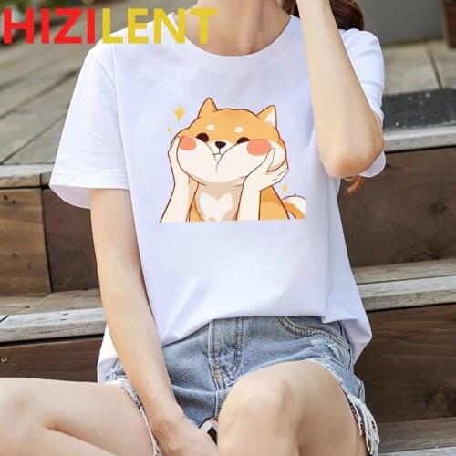 Funny Kawaii Shiba Inu Dog 100% cotton T-shirt Women Print Summer Harajuku japanese style T Shirt Streetwear Clothes Tops Tees