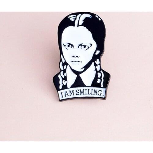 Halloween Gifts Wednesday Addams family I am smiling Comics pins Brooches Hard enamel lapel pins Girl jewelry Accessories Decor