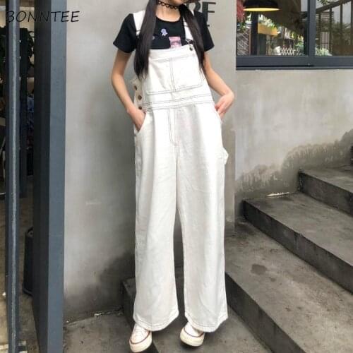 Jumpsuits Wide-leg Women Solid Denim Buttons Adjustable Classic Simple Design Vintage Korean Version Stylish Teens Femme Fashion