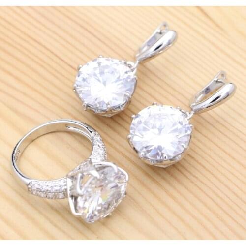 Cubic Zirconia Round Crystal 925 Silver Bridal Jewelry Set for Women Classic Ring Earrings Wedding Jewelry