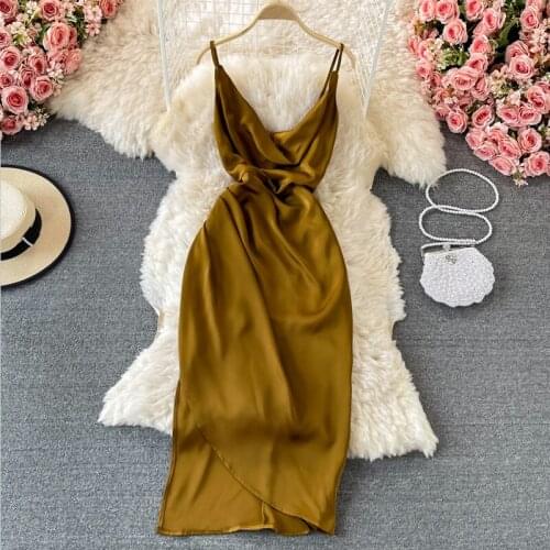 Korobov 2021 Summer Vintage Elegant Solid V Neck Dress Korean High Waist Party Night Dresses Fashion Spaghetti Strap Vestidos