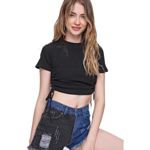 Summer Sexy Womens Drawstring SlimT-shirt 2021 O-neck Short Sleeve Tops For Female Fashion Side Split Ladies Crop Top Sale