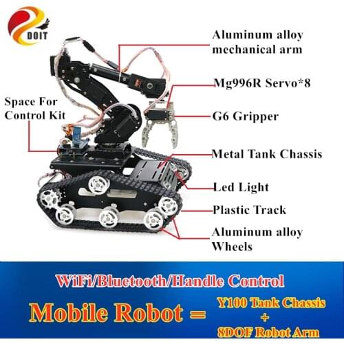 WiFi/Bluetooth/Handle Control Mobile Robot Arm 8DOF Robotic Arm With G6 Gripper And Y100 Metal Tank Chassis for DIY RC Robot Kit