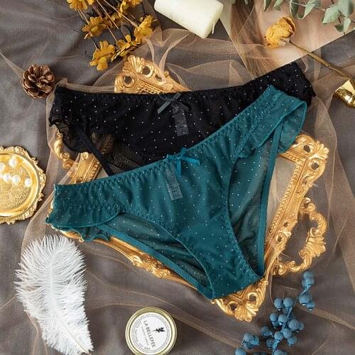 LINTOY Women Sexy Lace Underwear Ruffle Panties Japanese Lolita Style Transparent Polka Dot Print Lingerie Mesh Bow Briefs