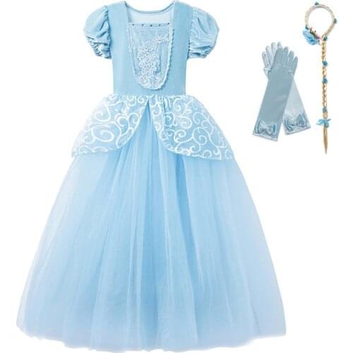 Little Girls Blue Cinderella Dress Up Children Puff Sleeve Elegant Prom Party Dress Kids Girl Birthday Princess Costume