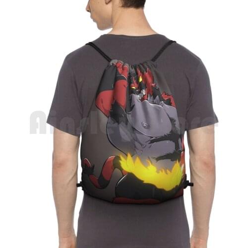 Incineroar Backpack Drawstring Bag Riding Climbing Gym Bag Anthro Claws Black Fur Fangs Incineroar Muscular Muscular Male